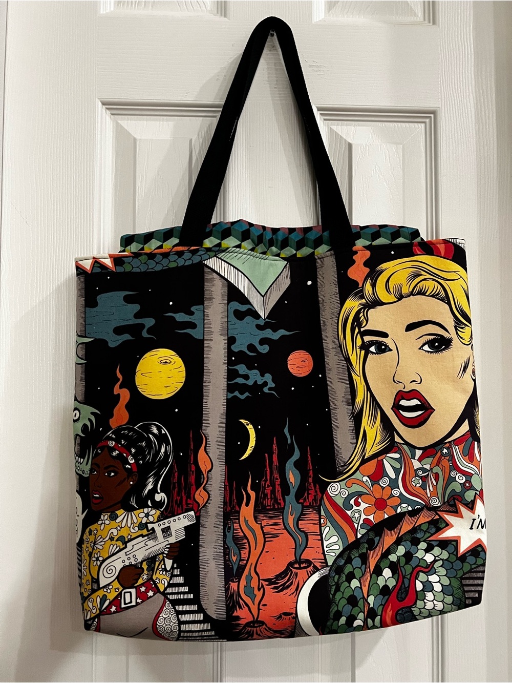 Pop-Art, Comic Futuristic Print Drawstring, Unconstructed Black Multi Tote Bag.